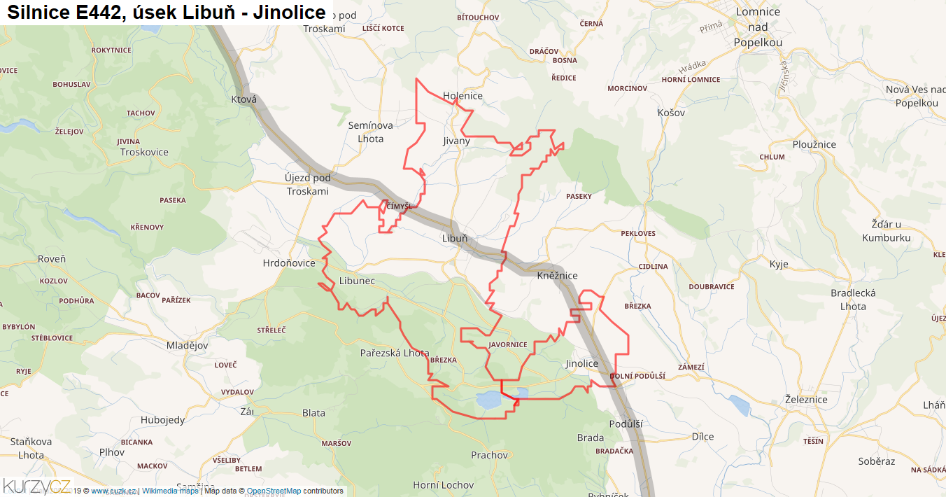 Úsek Libuň - Jinolice, Silnice E442 - Mapa