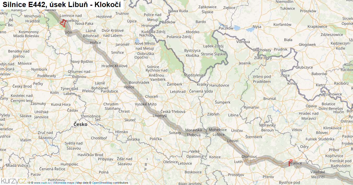Úsek Libuň - Klokočí, Silnice E442 - Mapa