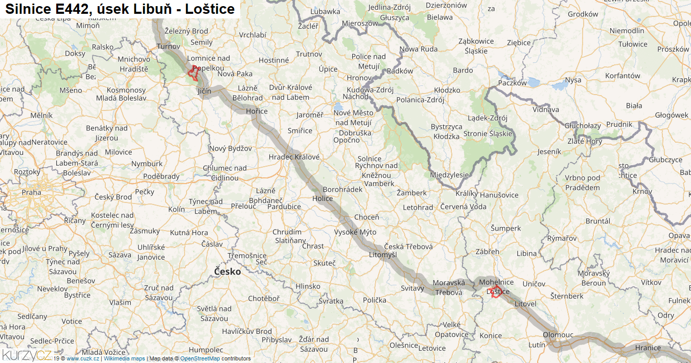 Úsek Libuň - Loštice, Silnice E442 - Mapa