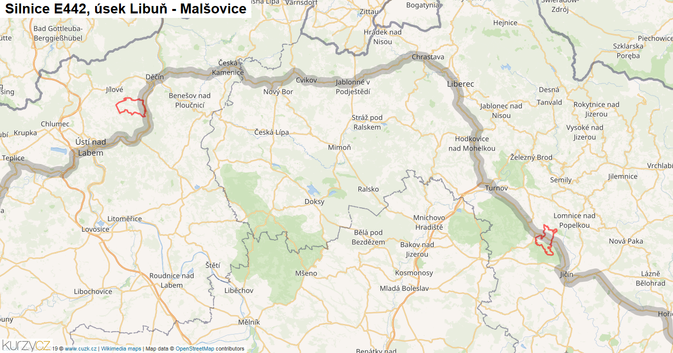 Úsek Libuň - Malšovice, Silnice E442 - Mapa