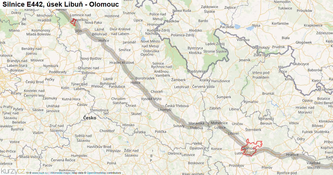 Úsek Libuň - Olomouc, Silnice E442 - Mapa