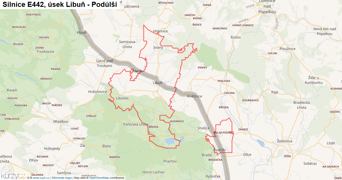 Úsek Libuň - Podůlší, Silnice E442 - Mapa