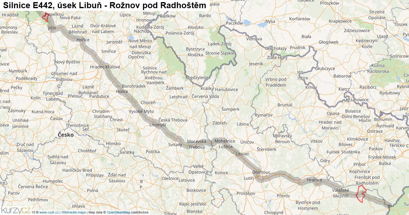 Úsek Libuň - Rožnov pod Radhoštěm, Silnice E442 - Mapa