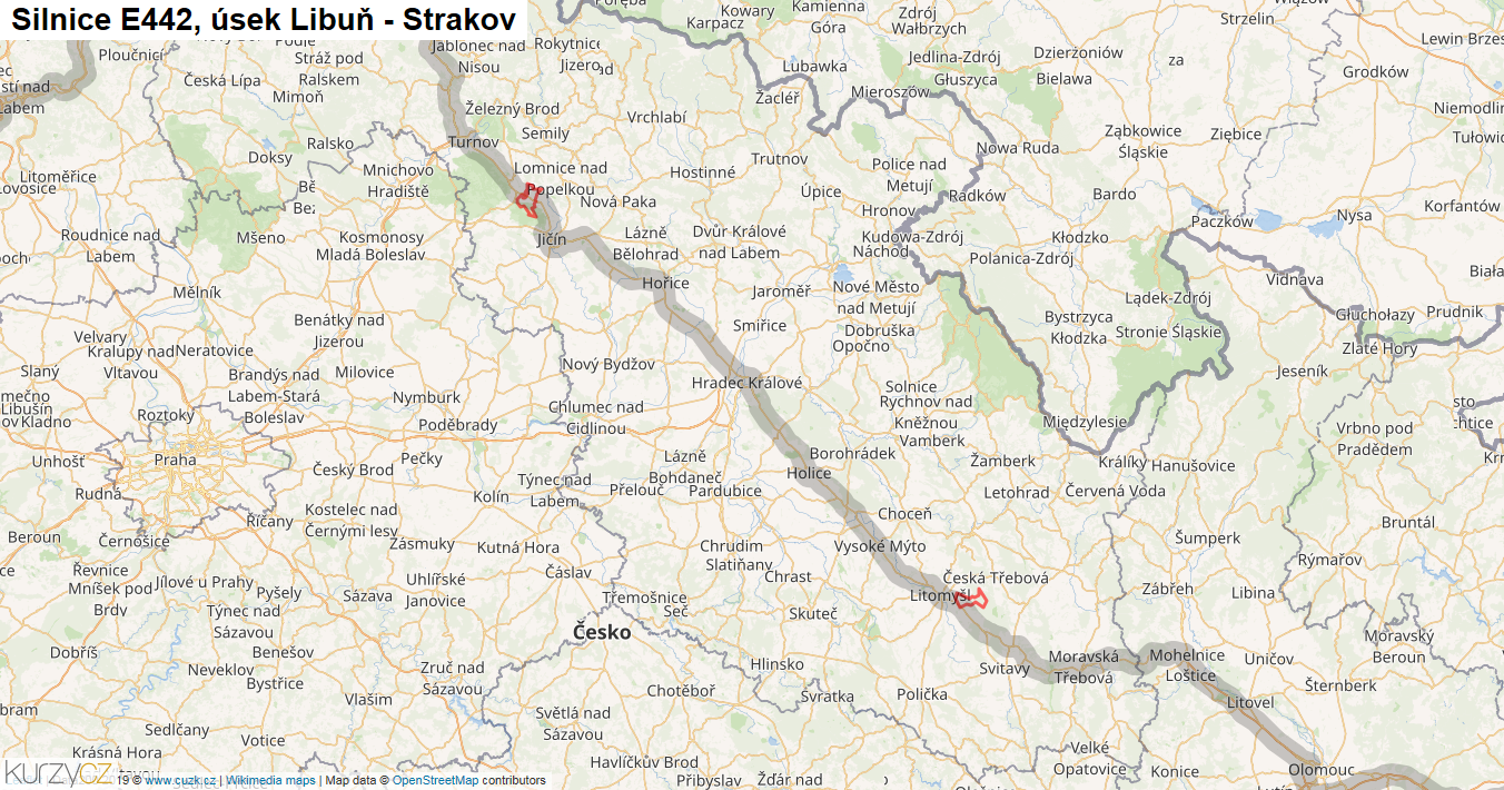 Úsek Libuň - Strakov, Silnice E442 - Mapa