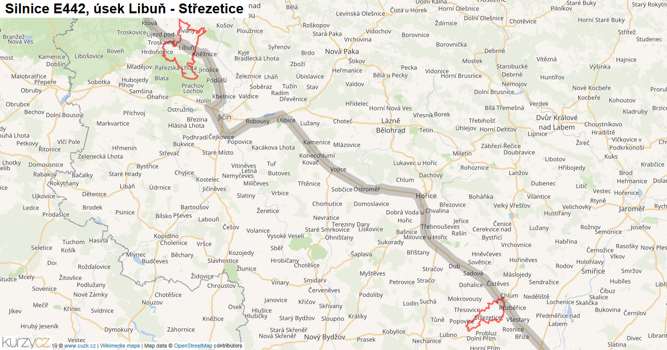 Úsek Libuň - Střezetice, Silnice E442 - Mapa