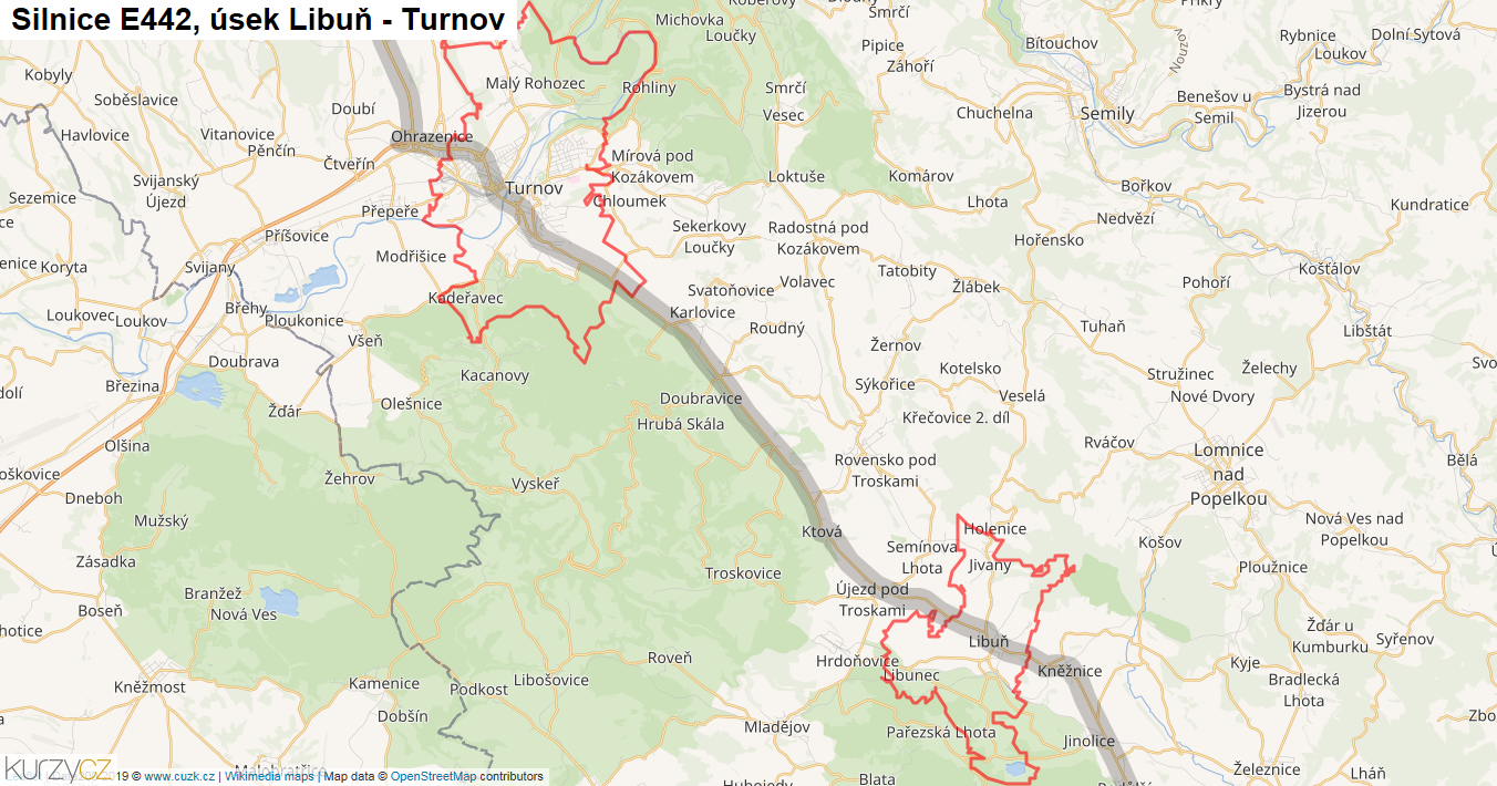 Úsek Libuň - Turnov, Silnice E442 - Mapa