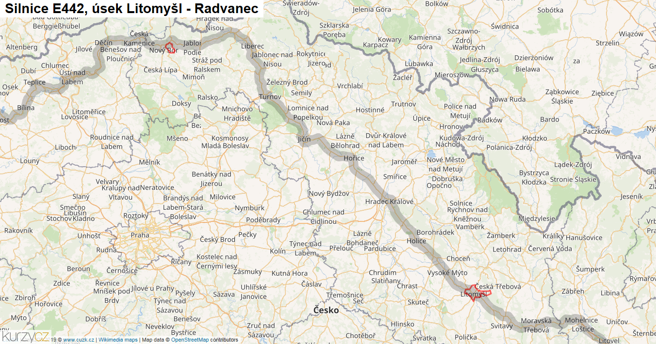 Úsek Litomyšl - Radvanec, Silnice E442 - Mapa
