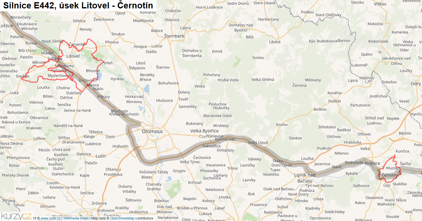 Úsek Litovel - Černotín, Silnice E442 - Mapa
