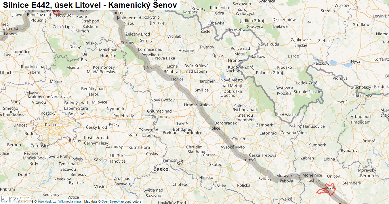 Úsek Litovel - Kamenický Šenov, Silnice E442 - Mapa