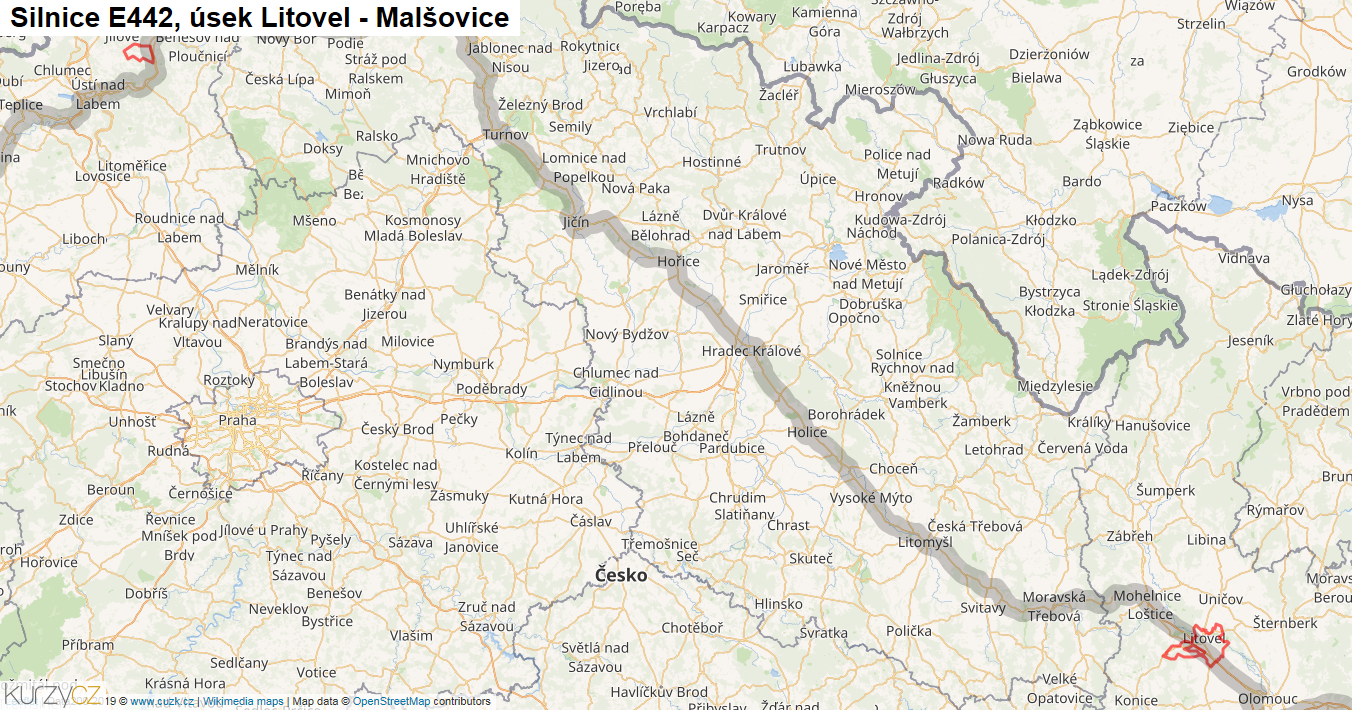 Úsek Litovel - Malšovice, Silnice E442 - Mapa