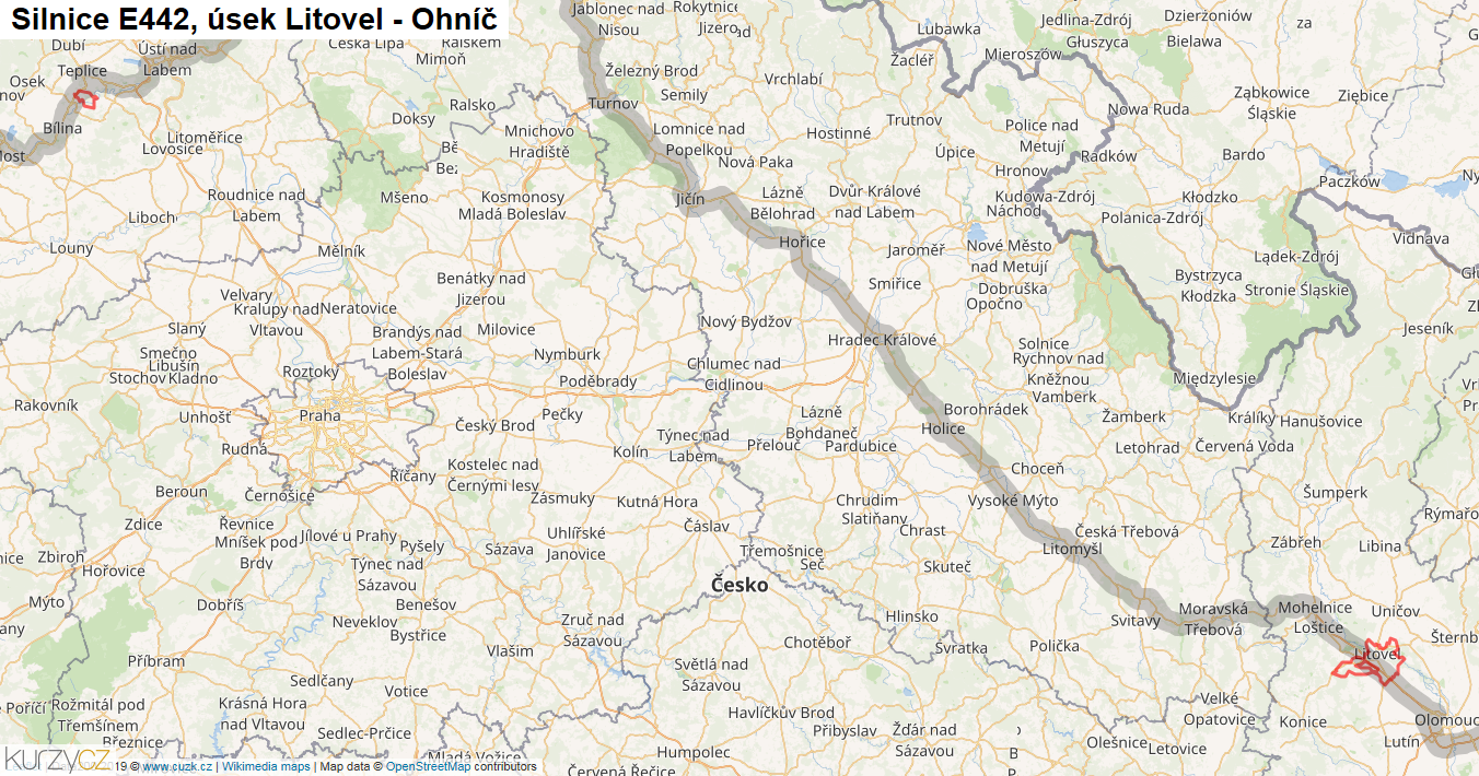 Úsek Litovel - Ohníč, Silnice E442 - Mapa