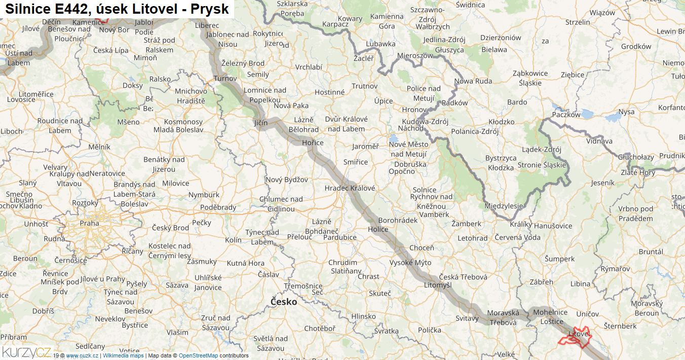 Úsek Litovel - Prysk, Silnice E442 - Mapa