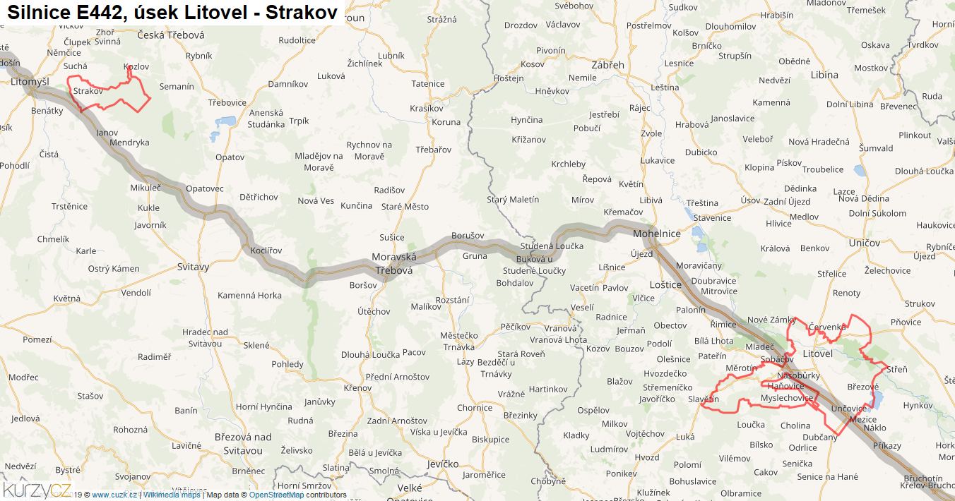 Úsek Litovel - Strakov, Silnice E442 - Mapa