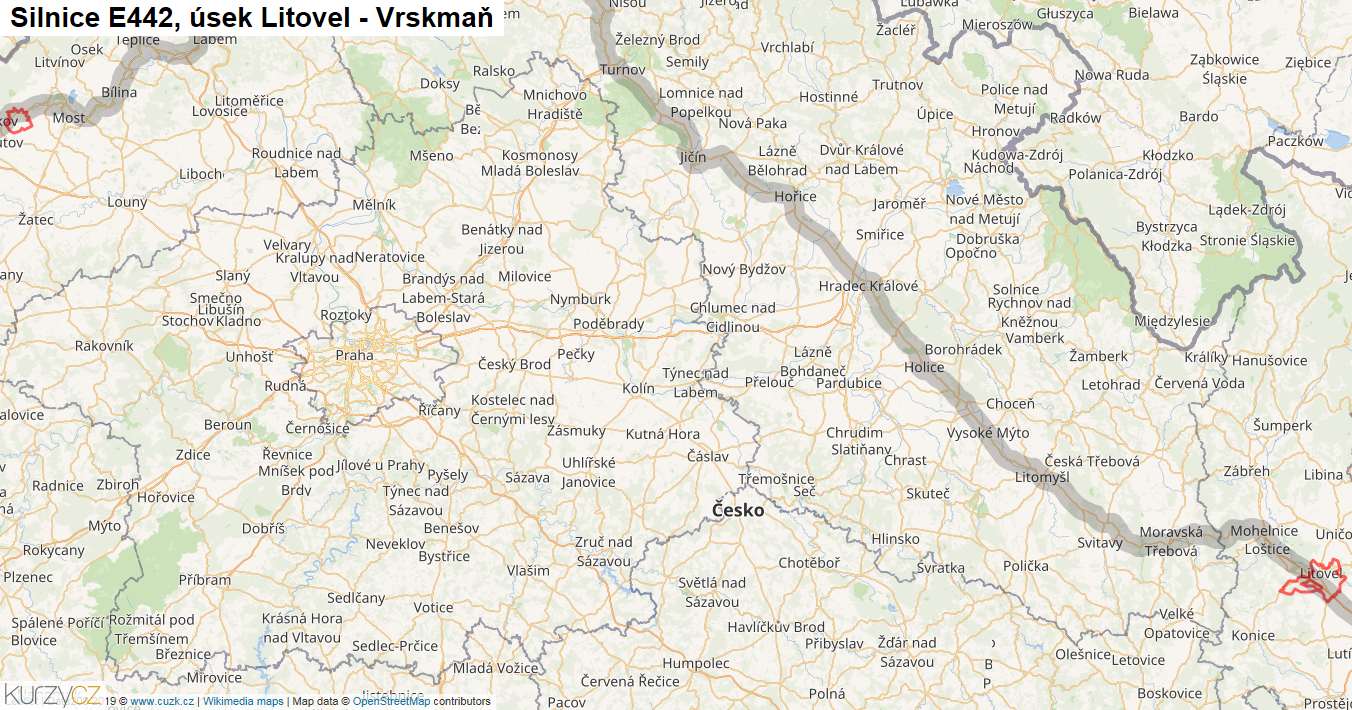 Úsek Litovel - Vrskmaň, Silnice E442 - Mapa