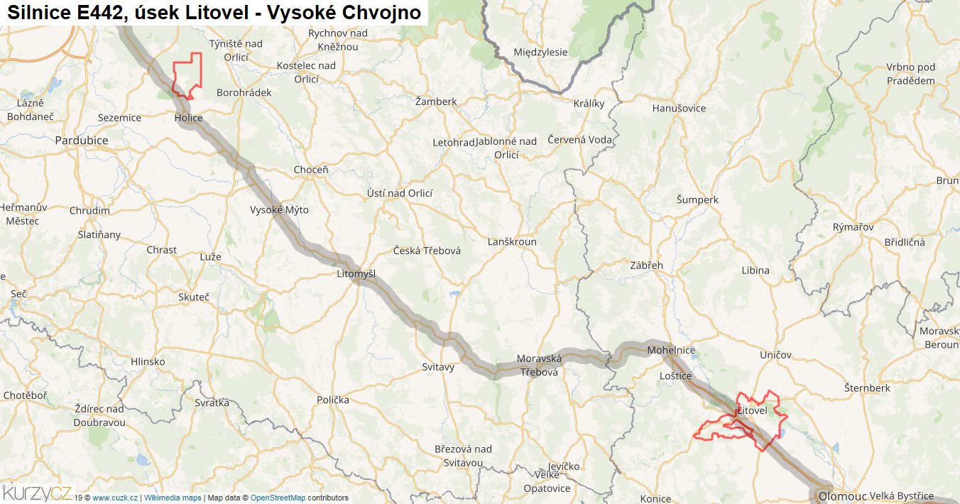 Úsek Litovel - Vysoké Chvojno, Silnice E442 - Mapa
