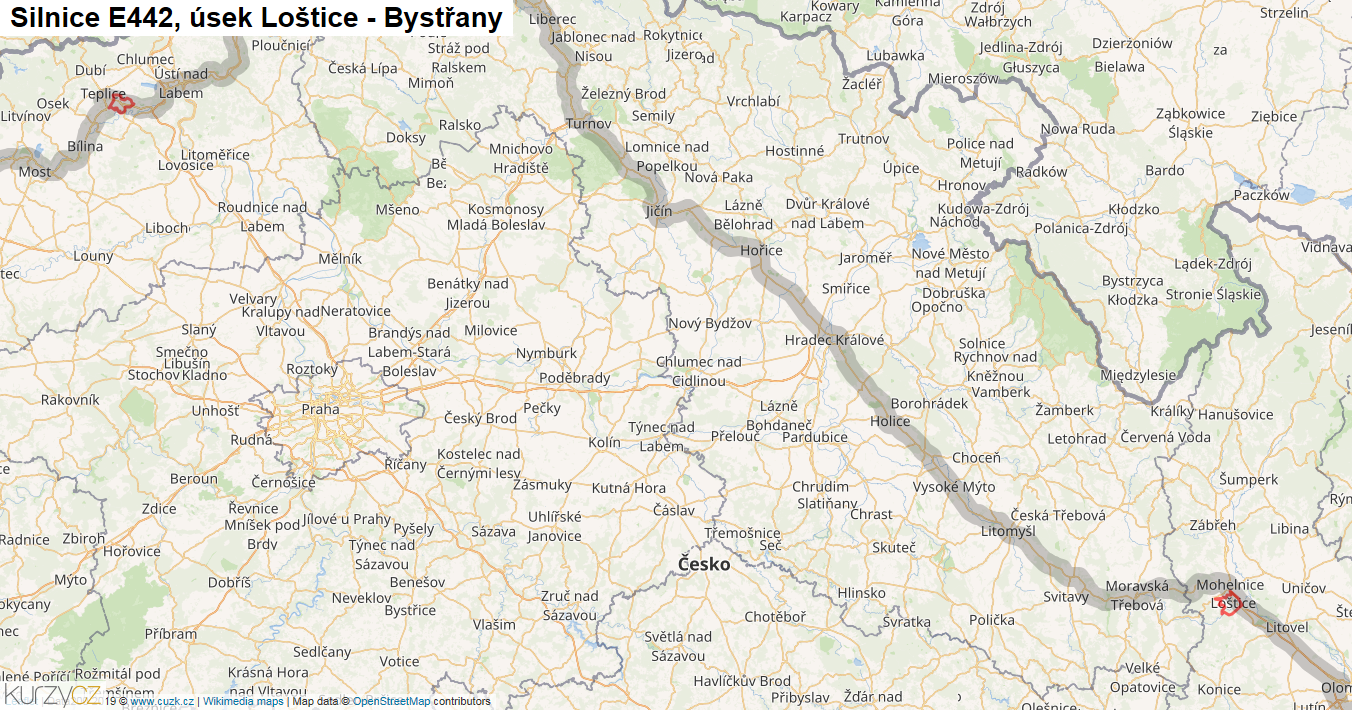 Úsek Loštice - Bystřany, Silnice E442 - Mapa