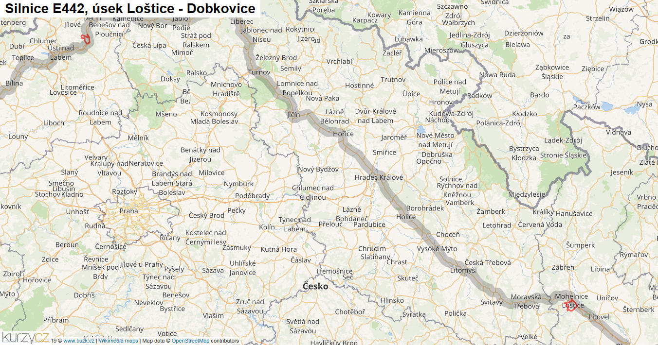 Úsek Loštice - Dobkovice, Silnice E442 - Mapa