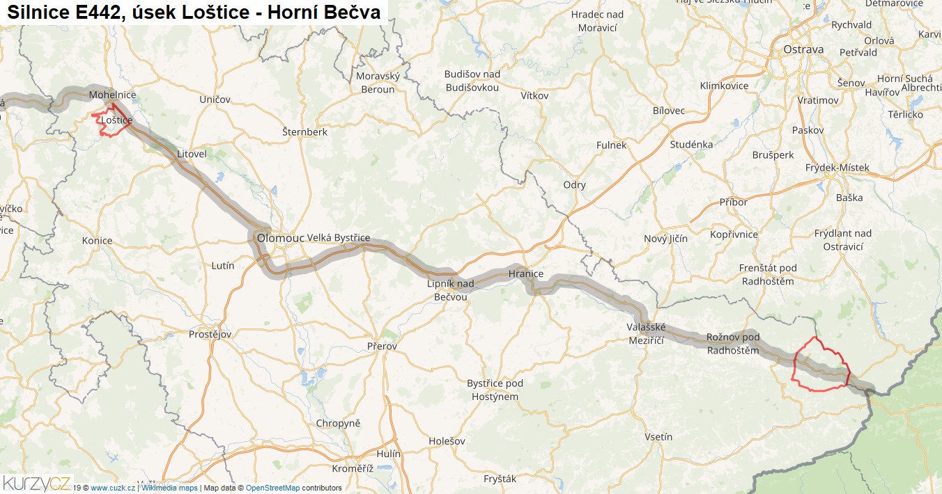 Úsek Loštice - Horní Bečva, Silnice E442 - Mapa