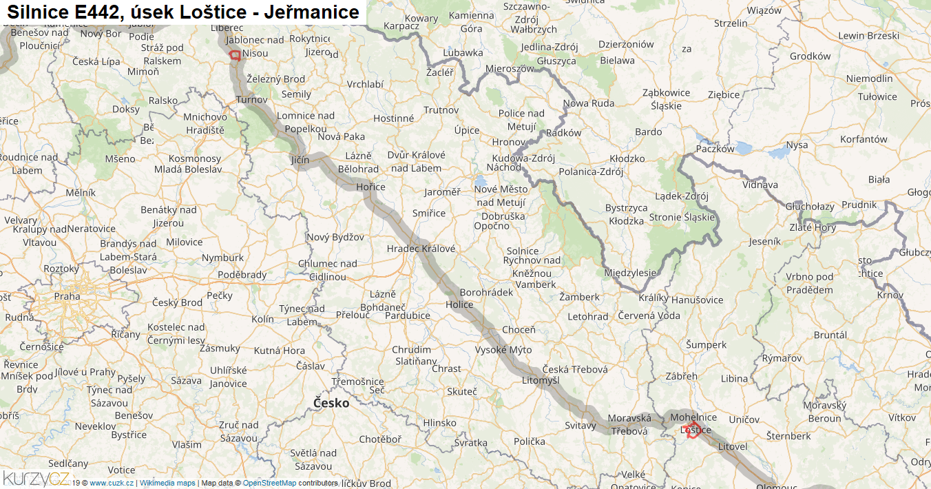 Úsek Loštice - Jeřmanice, Silnice E442 - Mapa