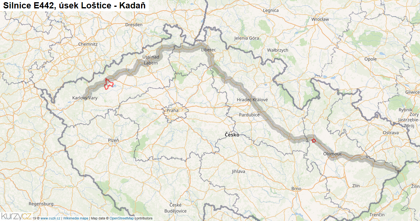 Úsek Loštice - Kadaň, Silnice E442 - Mapa