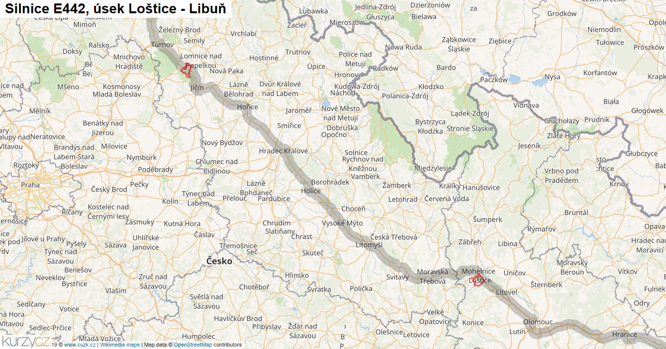 Úsek Loštice - Libuň, Silnice E442 - Mapa