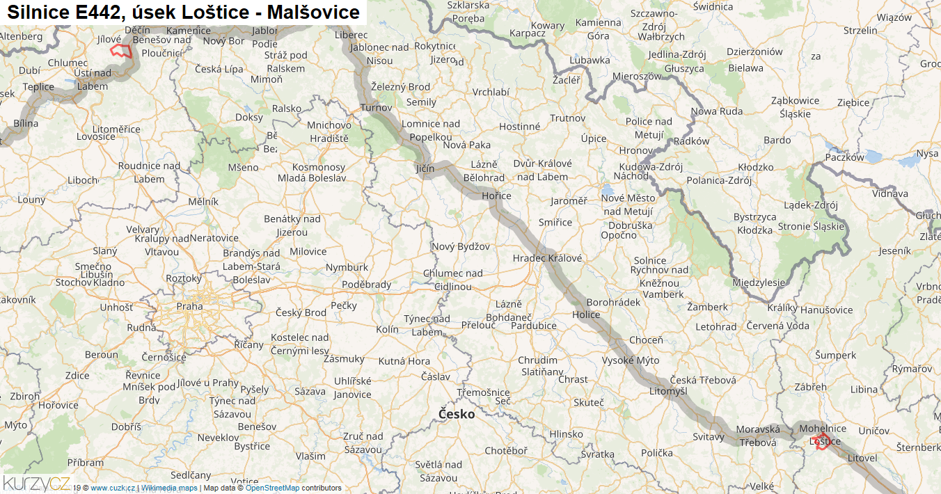 Úsek Loštice - Malšovice, Silnice E442 - Mapa
