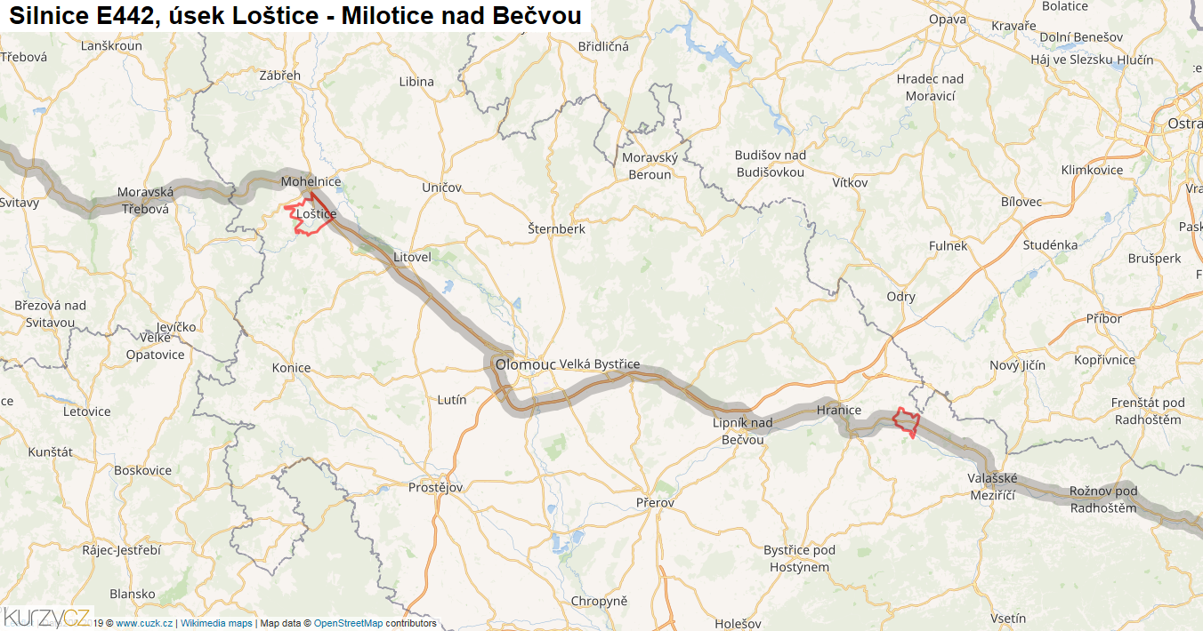 Úsek Loštice - Milotice nad Bečvou, Silnice E442 - Mapa