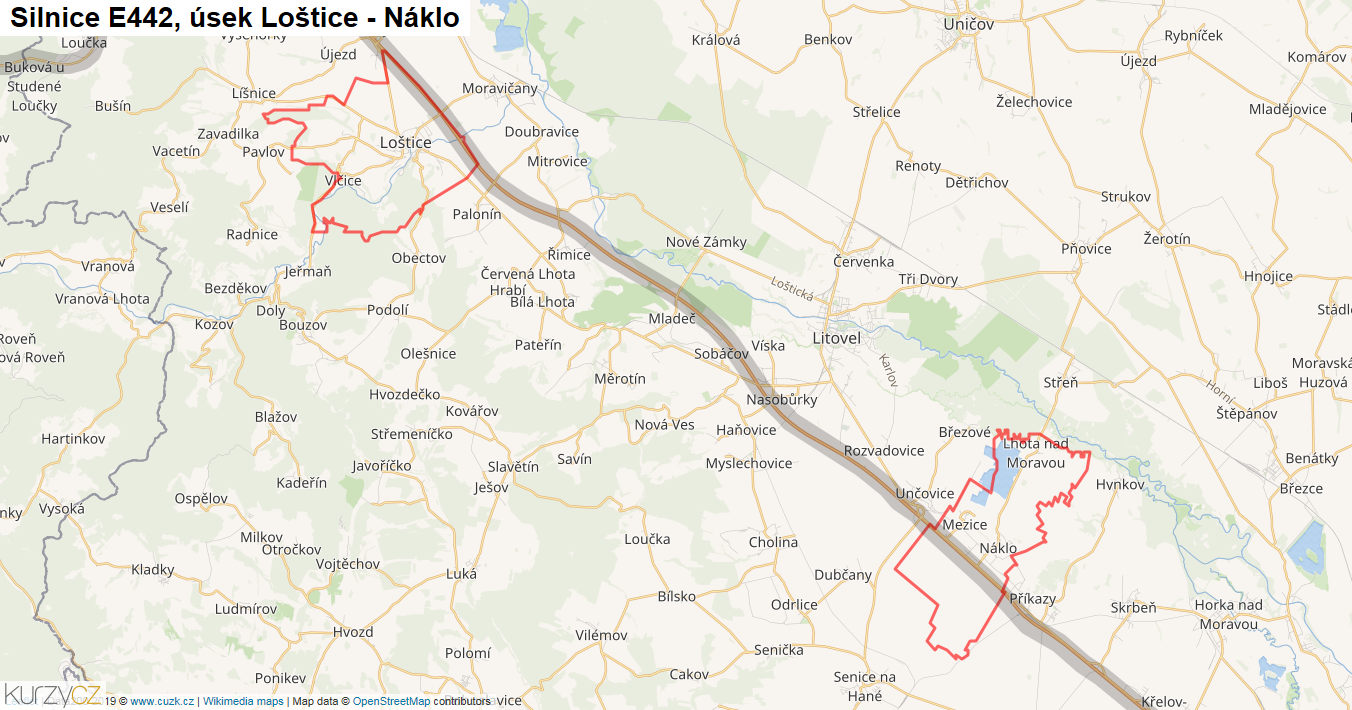 Úsek Loštice - Náklo, Silnice E442 - Mapa