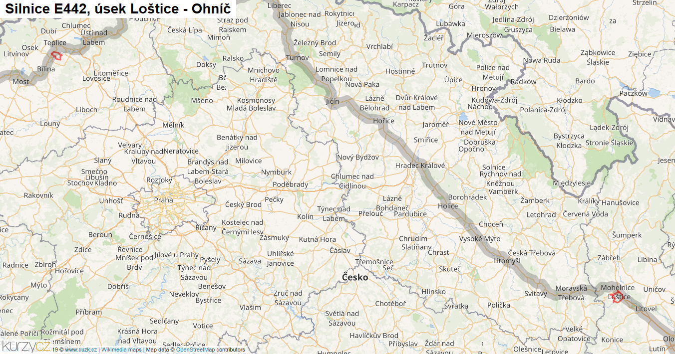 Úsek Loštice - Ohníč, Silnice E442 - Mapa