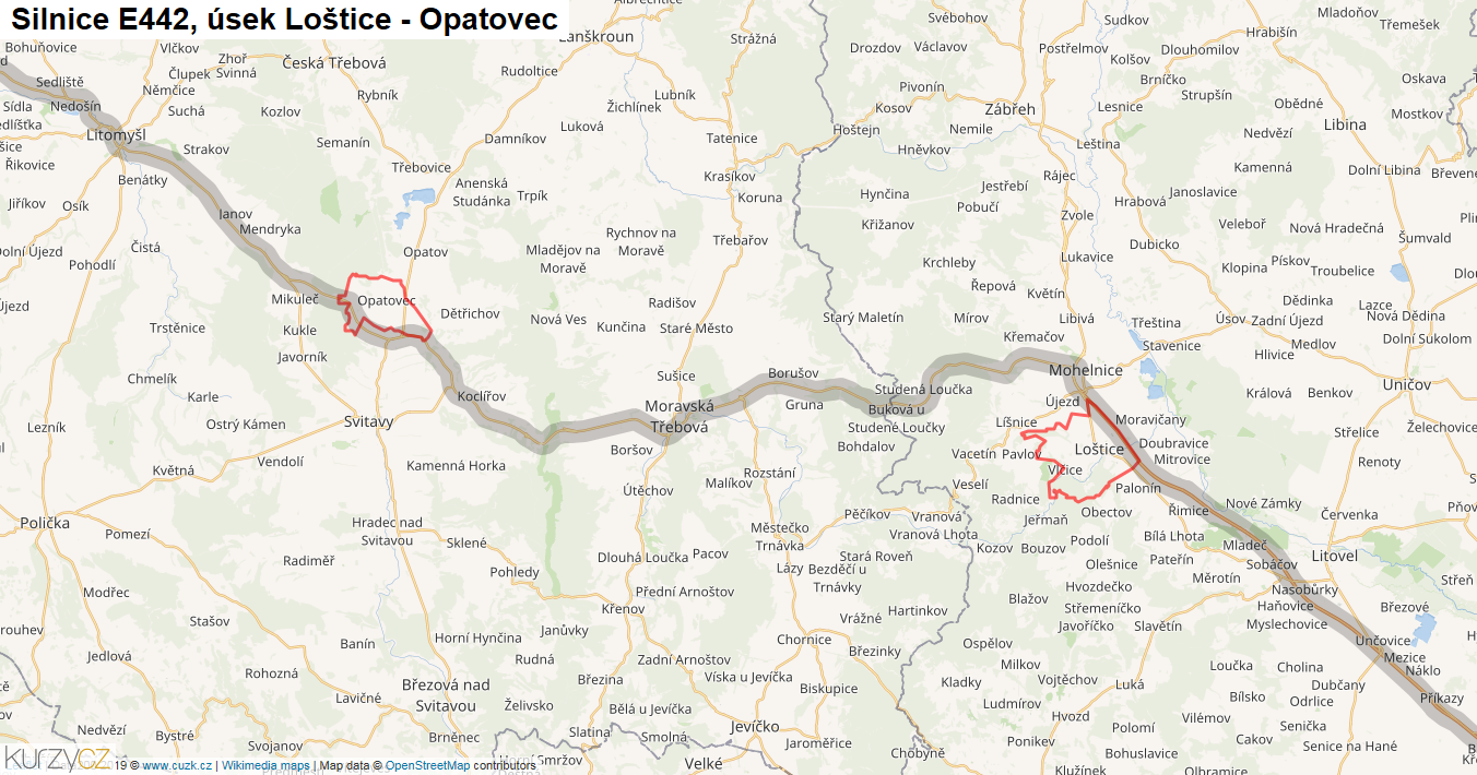Úsek Loštice - Opatovec, Silnice E442 - Mapa