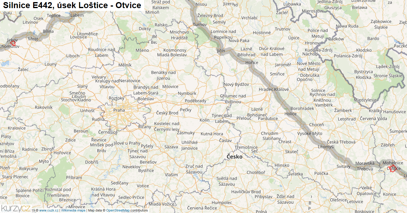Úsek Loštice - Otvice, Silnice E442 - Mapa
