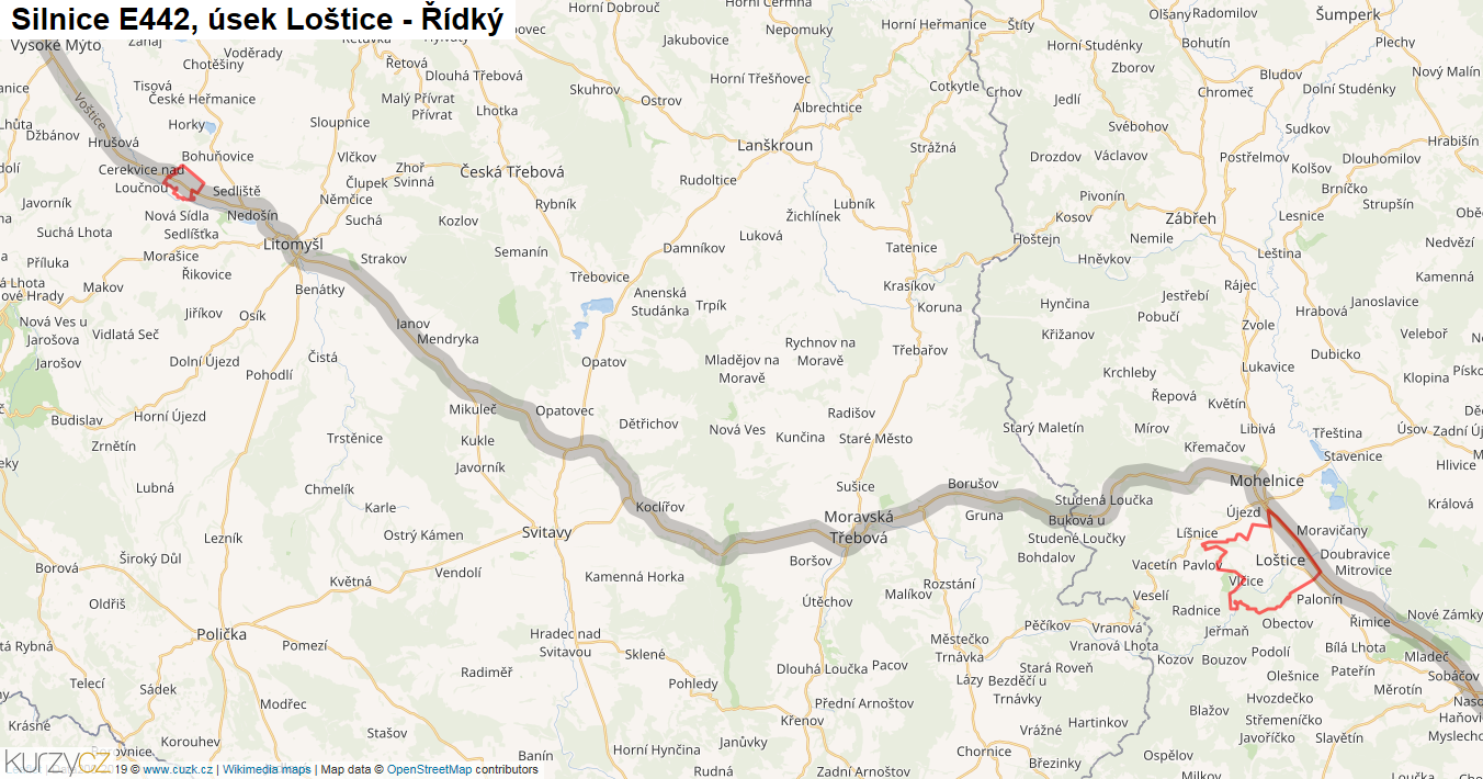 Úsek Loštice - Řídký, Silnice E442 - Mapa