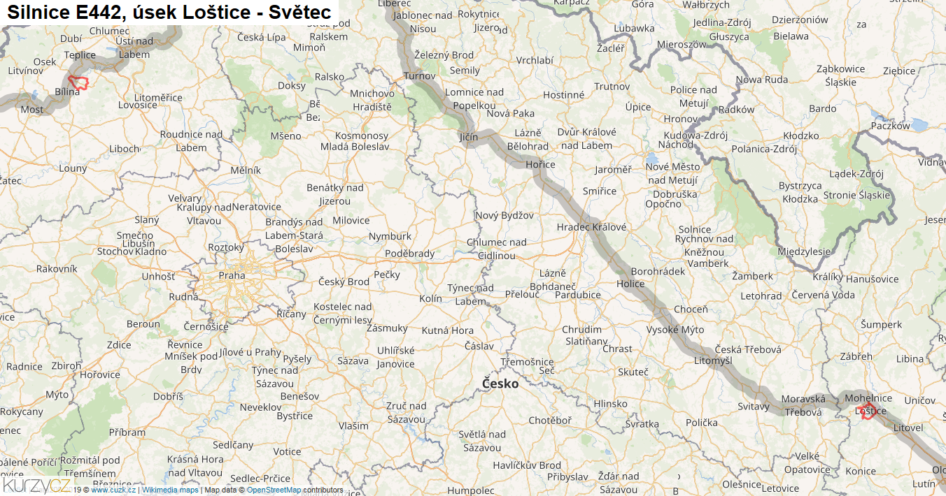 Úsek Loštice - Světec, Silnice E442 - Mapa