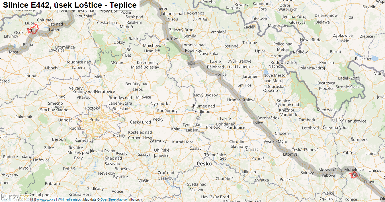 Úsek Loštice - Teplice, Silnice E442 - Mapa
