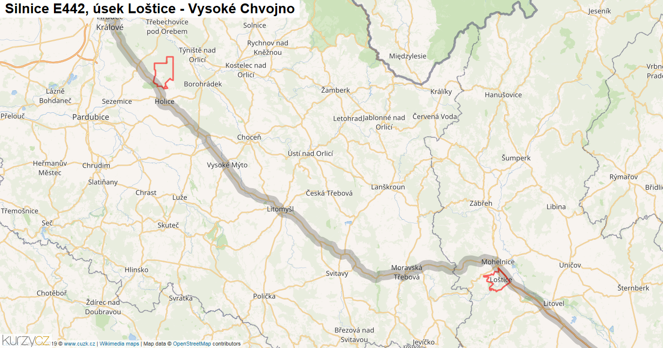 Úsek Loštice - Vysoké Chvojno, Silnice E442 - Mapa