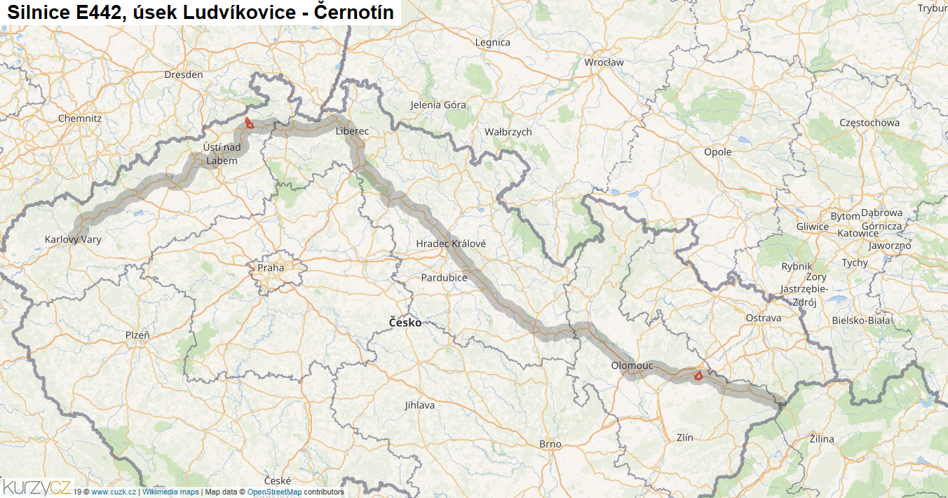 Úsek Ludvíkovice - Černotín, Silnice E442 - Mapa