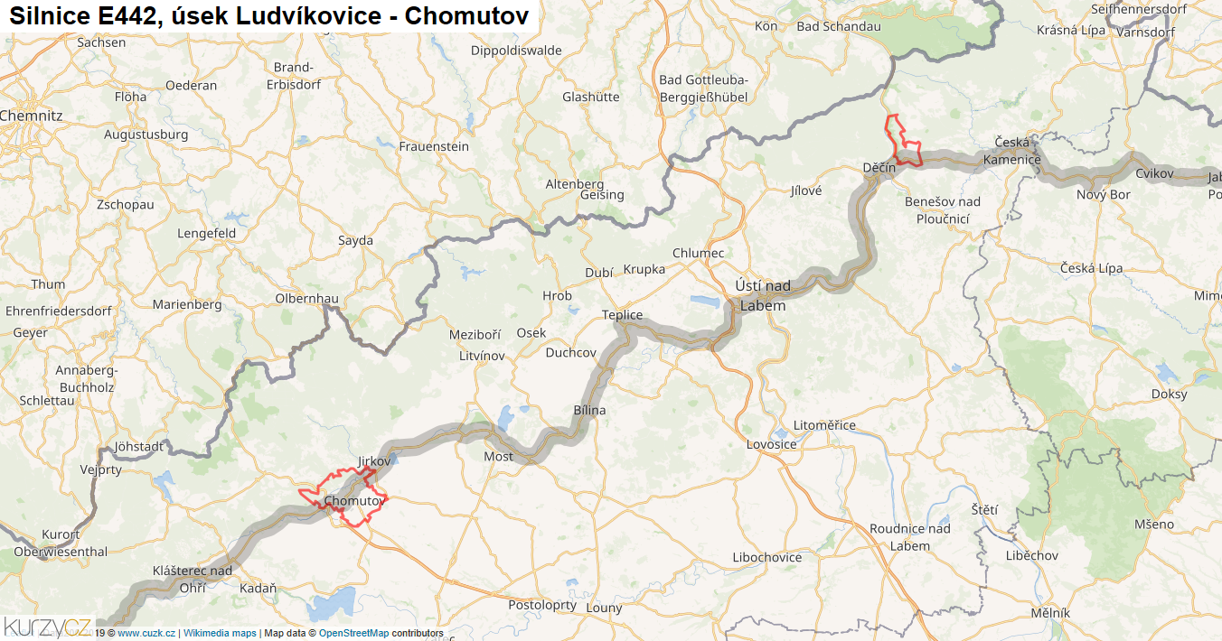 Úsek Ludvíkovice - Chomutov, Silnice E442 - Mapa