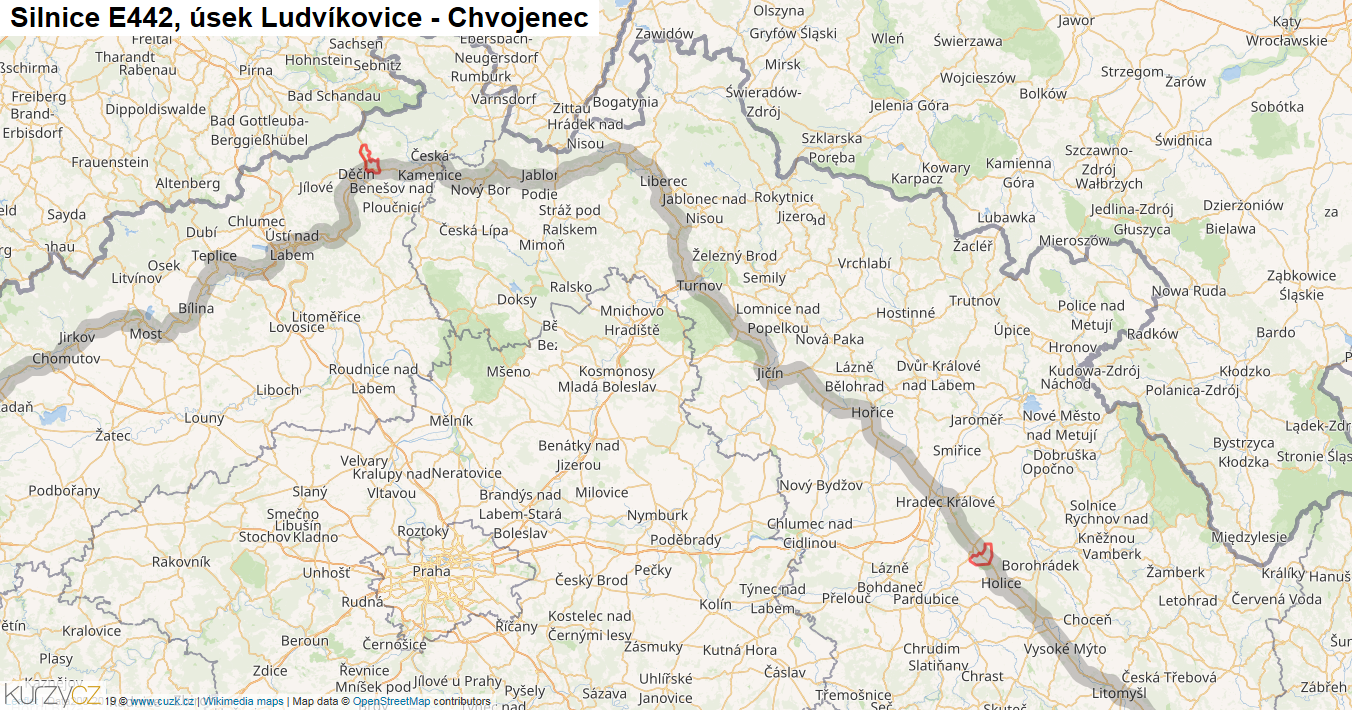 Úsek Ludvíkovice - Chvojenec, Silnice E442 - Mapa