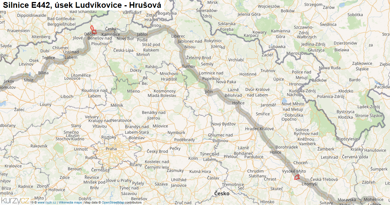 Úsek Ludvíkovice - Hrušová, Silnice E442 - Mapa