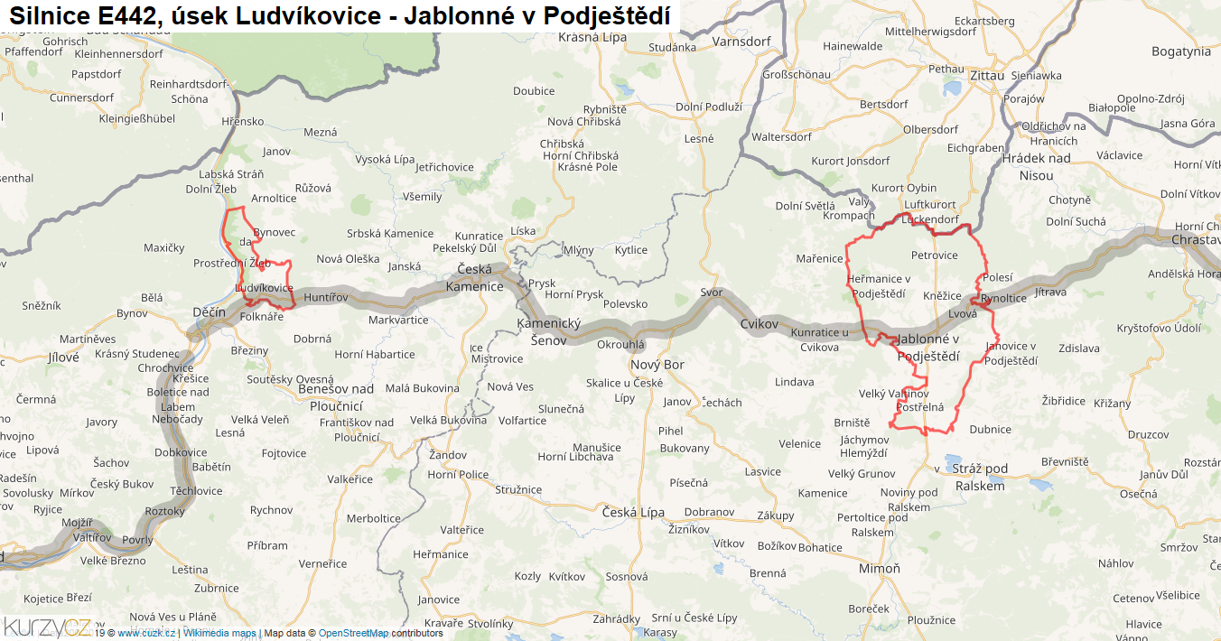 Úsek Ludvíkovice - Jablonné v Podještědí, Silnice E442 - Mapa