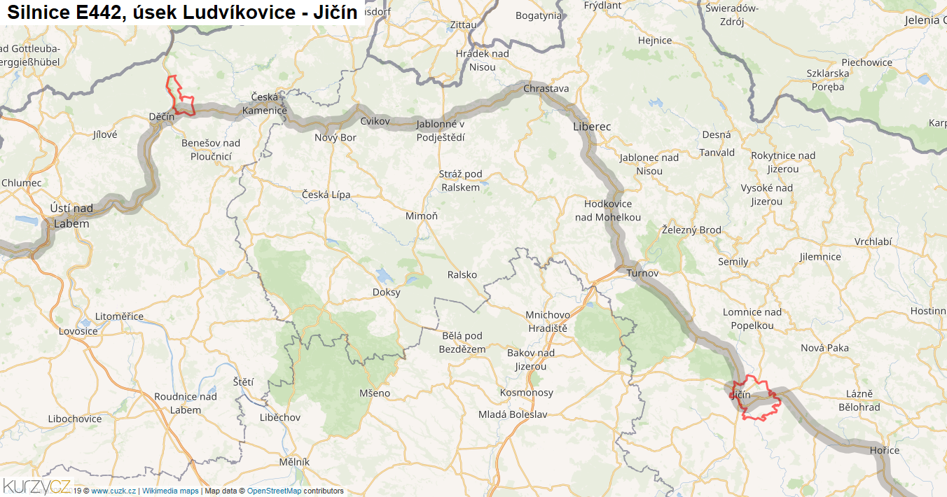Úsek Ludvíkovice - Jičín, Silnice E442 - Mapa