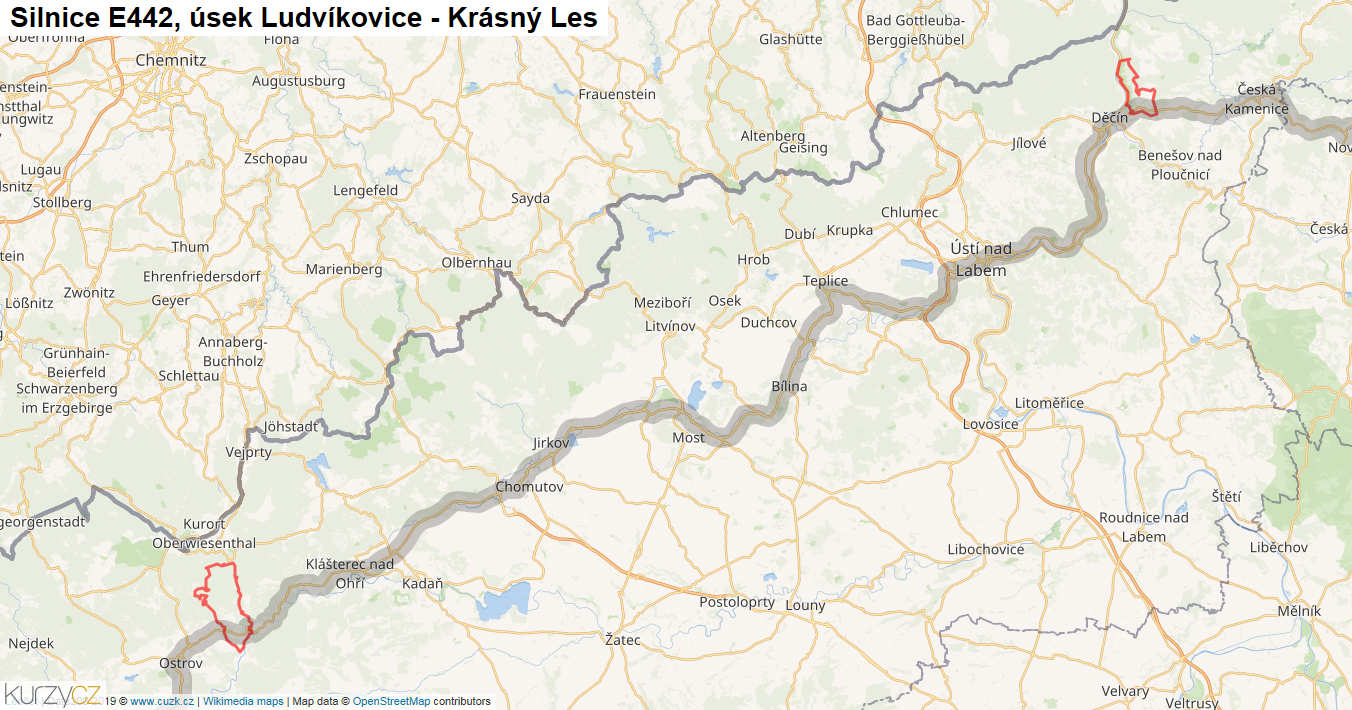 Úsek Ludvíkovice - Krásný Les, Silnice E442 - Mapa