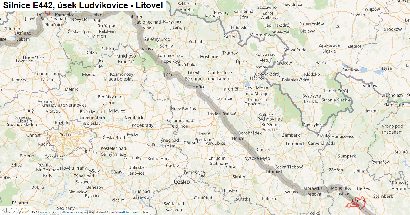 Úsek Ludvíkovice - Litovel, Silnice E442 - Mapa