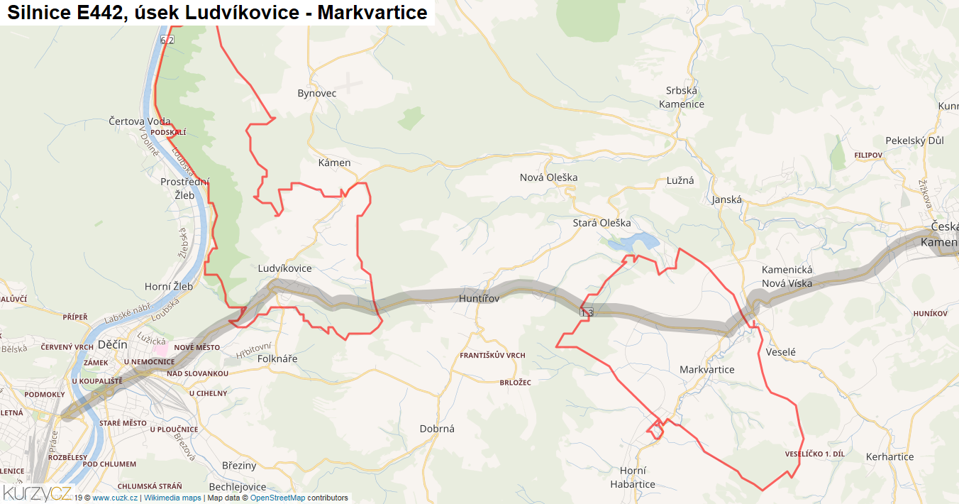 Úsek Ludvíkovice - Markvartice, Silnice E442 - Mapa