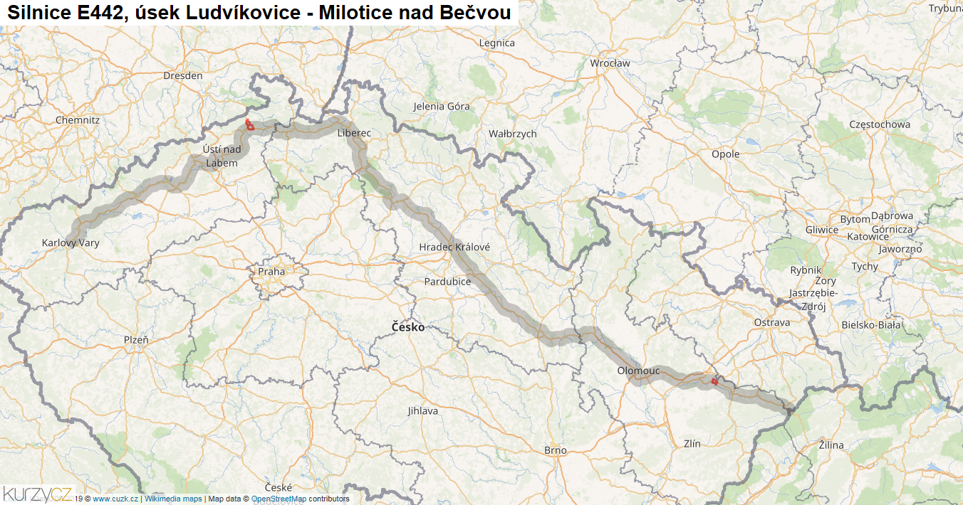 Úsek Ludvíkovice - Milotice nad Bečvou, Silnice E442 - Mapa