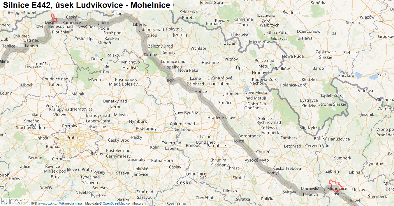 Úsek Ludvíkovice - Mohelnice, Silnice E442 - Mapa