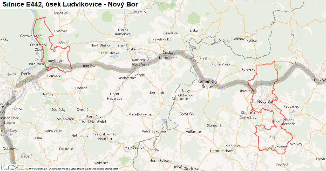 Úsek Ludvíkovice - Nový Bor, Silnice E442 - Mapa