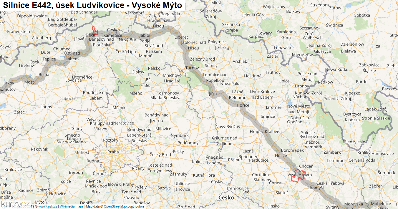 Úsek Ludvíkovice - Vysoké Mýto, Silnice E442 - Mapa