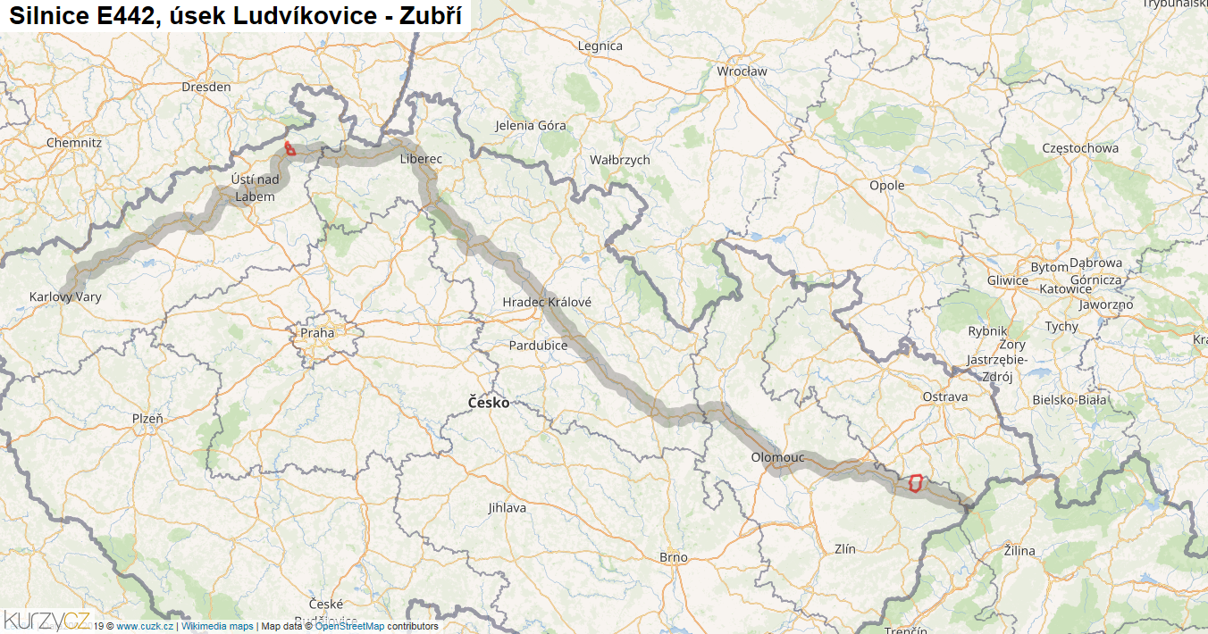 Úsek Ludvíkovice - Zubří, Silnice E442 - Mapa