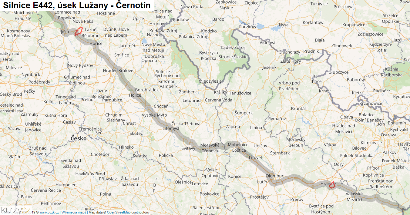 Úsek Lužany - Černotín, Silnice E442 - Mapa